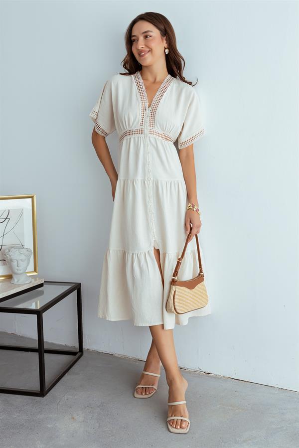 Güpür Şeritli Midi Elbise - TAŞ