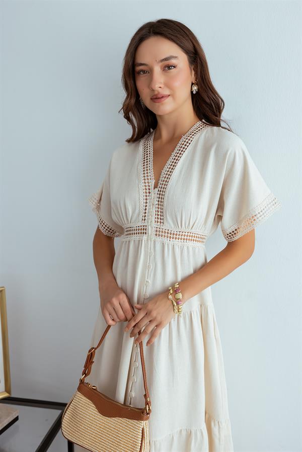 Güpür Şeritli Midi Elbise - TAŞ