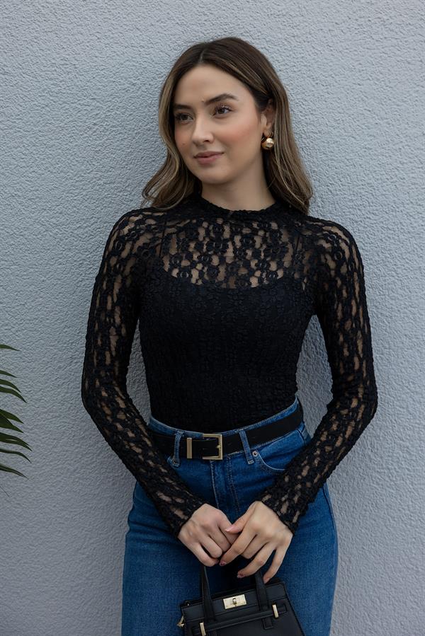 Güpürlü Dantel Bluz - SİYAH