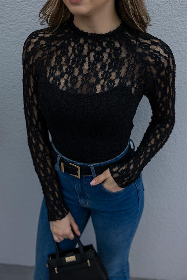 Güpürlü Dantel Bluz - SİYAH
