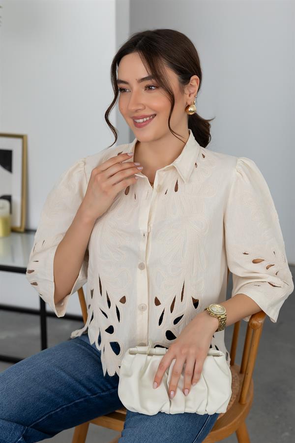 Güpürlü Tasarım Gömlek - BEJ