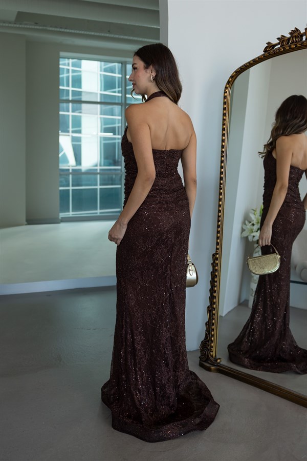 Halter Yaka Balık Abiye - KAHVERENGİ