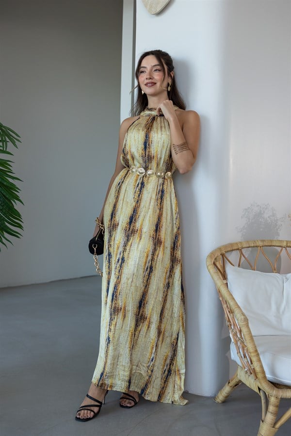 Halter Yaka Baskılı Elbise - SARI