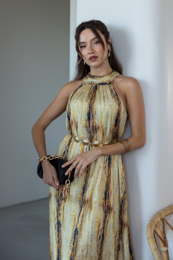 Halter Yaka Baskılı Elbise - SARI