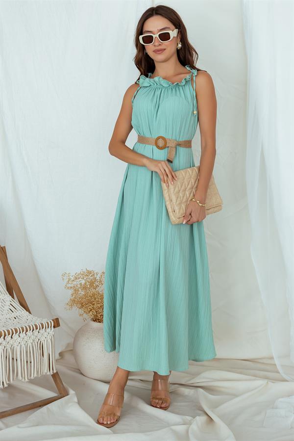 Halter Yaka Boncuk Detay Elbise - MİNT YEŞİL