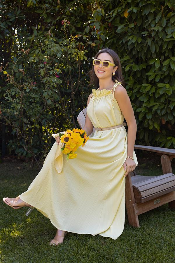 Halter Yaka Boncuk Detay Elbise - SARI