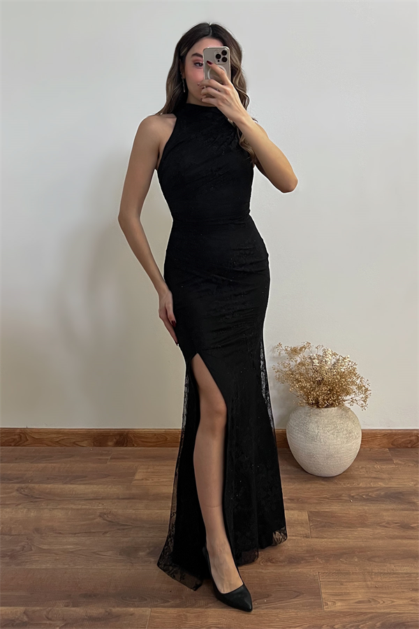 Halter Yaka Drapeli Abiye - SİYAH