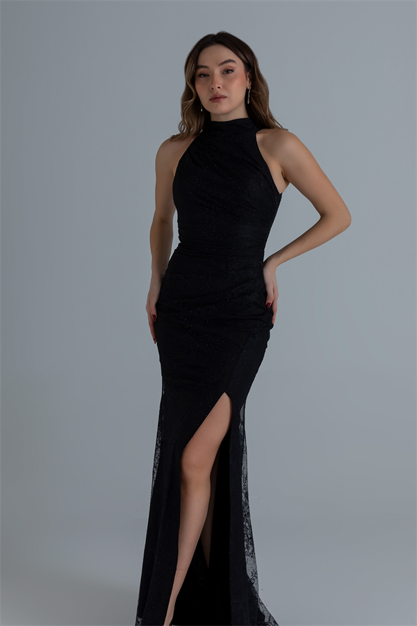 Halter Yaka Drapeli Abiye - SİYAH