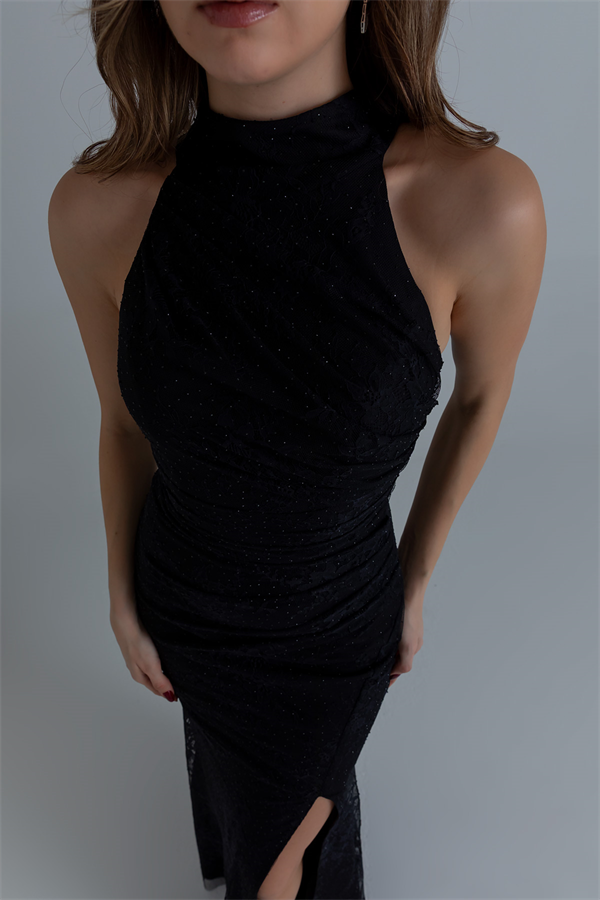 Halter Yaka Drapeli Abiye - SİYAH