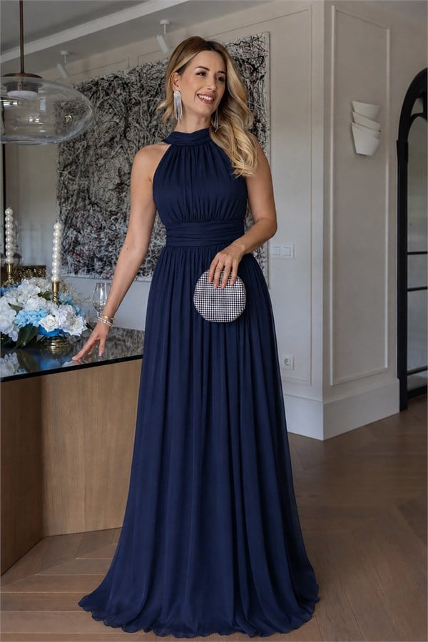 Halter Yaka Drapeli Şifon Elbise - LACİVERT