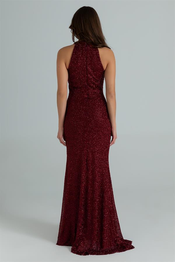 Halter Yaka İşlemeli Abiye - BORDO