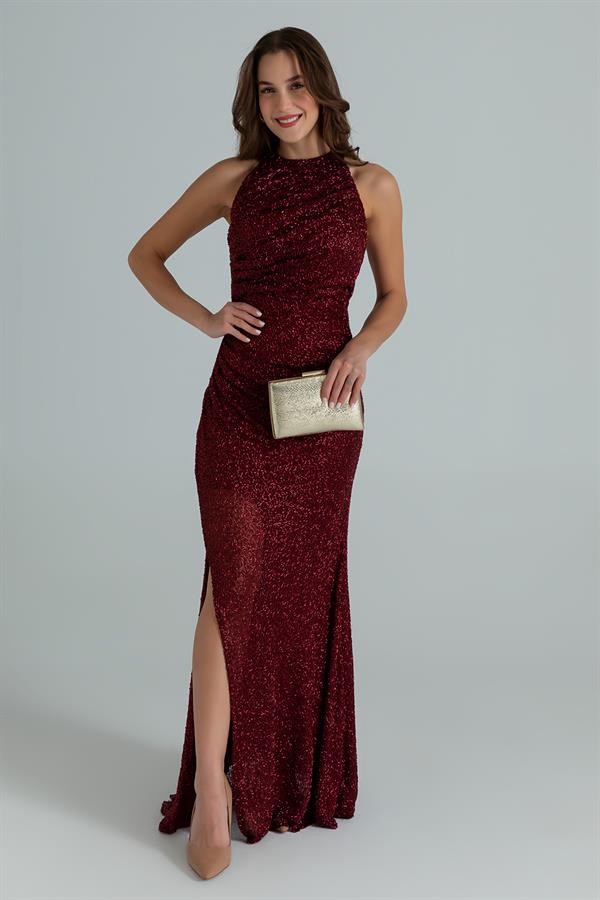 Halter Yaka İşlemeli Abiye - BORDO