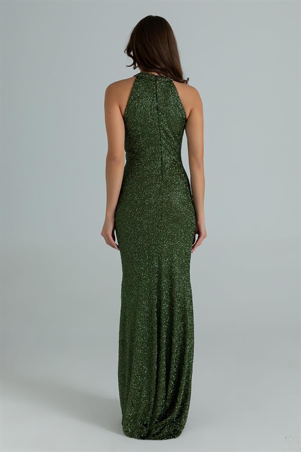 Halter Yaka İşlemeli Abiye - HAKİ