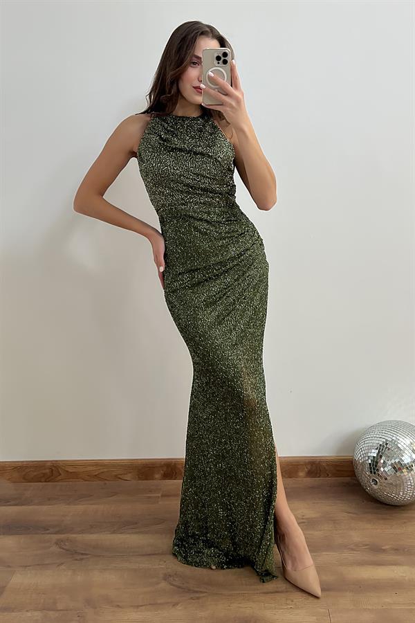 Halter Yaka İşlemeli Abiye - HAKİ