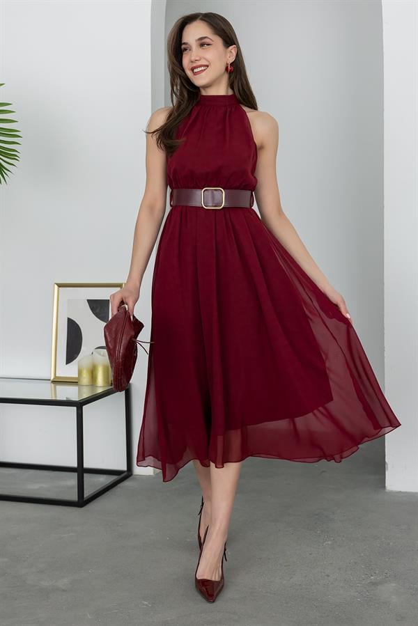 Halter Yaka Kemerli Elbise - BORDO