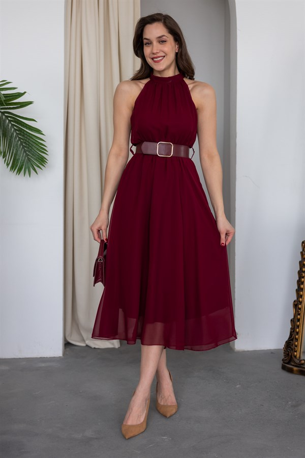 Halter Yaka Kemerli Elbise - BORDO