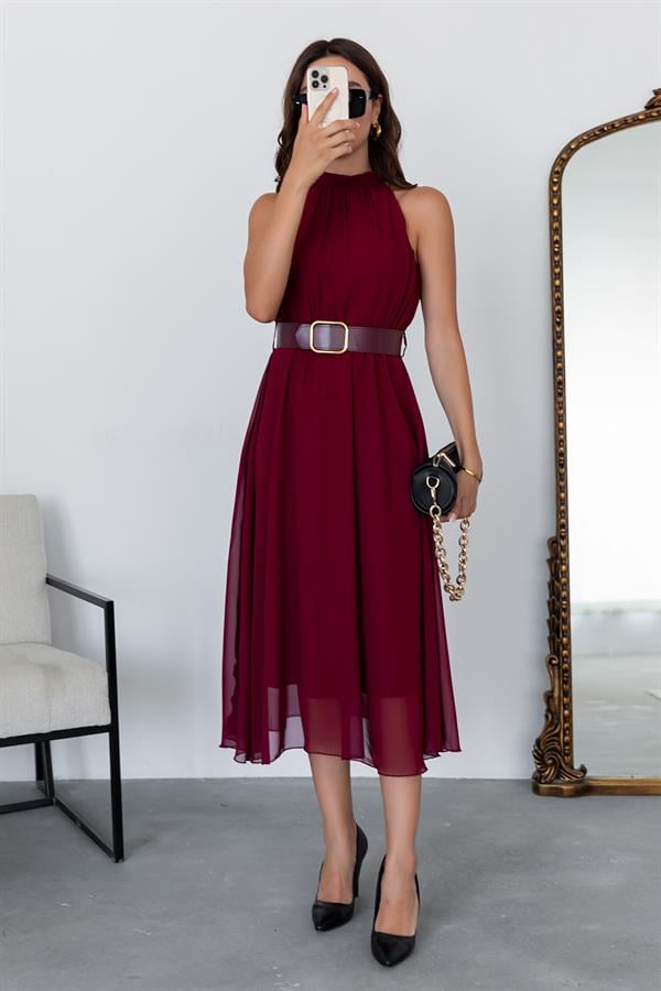 Halter Yaka Kemerli Elbise - BORDO