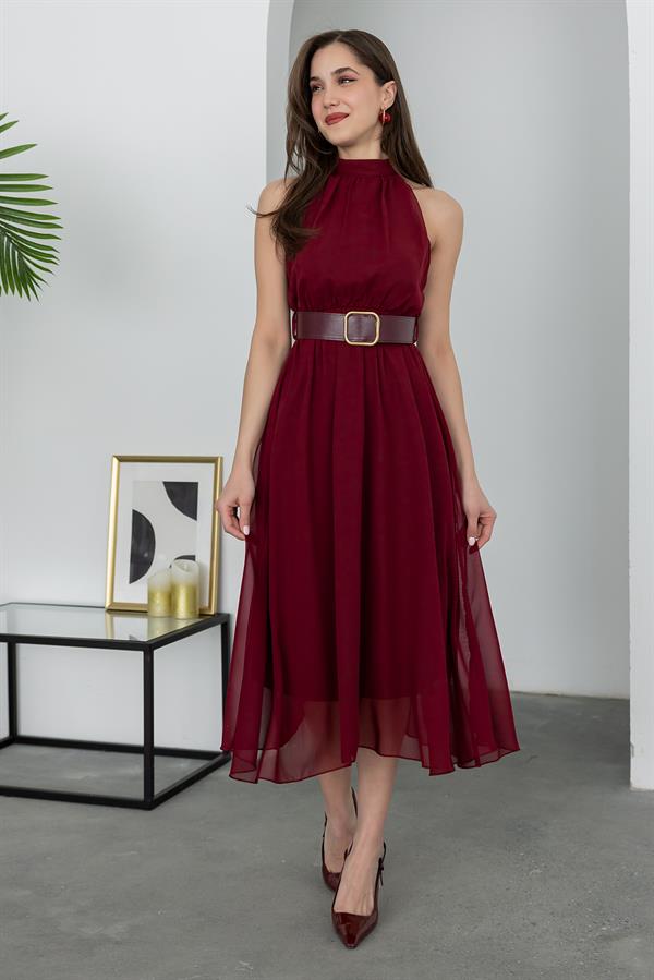 Halter Yaka Kemerli Elbise - BORDO