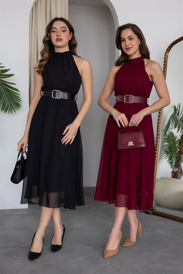Halter Yaka Kemerli Elbise - BORDO
