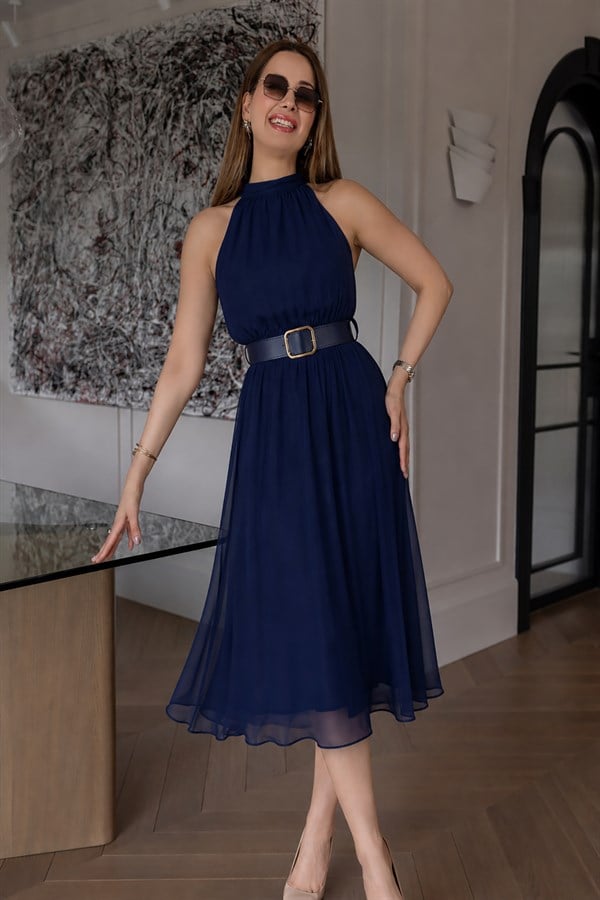 Halter Yaka Kemerli Elbise - LACİVERT