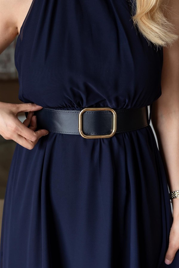 Halter Yaka Kemerli Elbise - LACİVERT