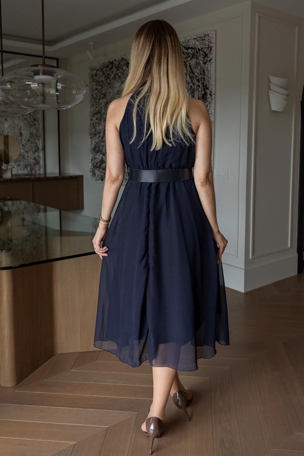 Halter Yaka Kemerli Elbise - LACİVERT