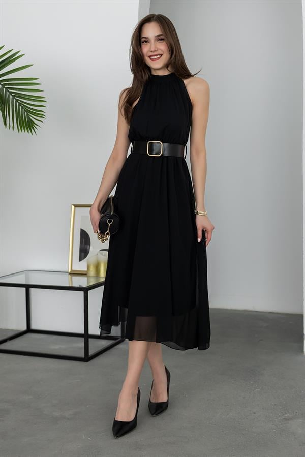 Halter Yaka Kemerli Elbise - SİYAH