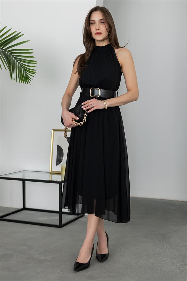 Halter Yaka Kemerli Elbise - SİYAH