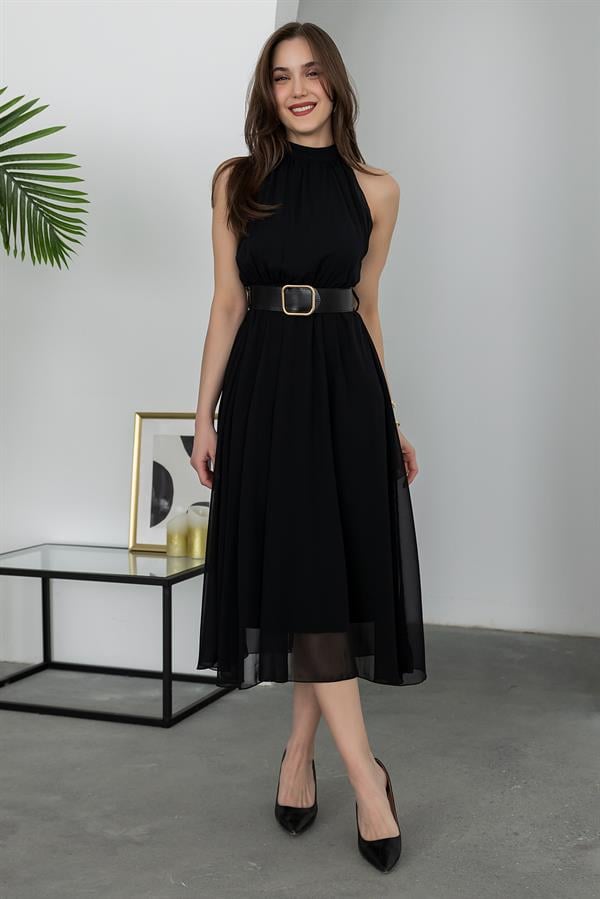 Halter Yaka Kemerli Elbise - SİYAH