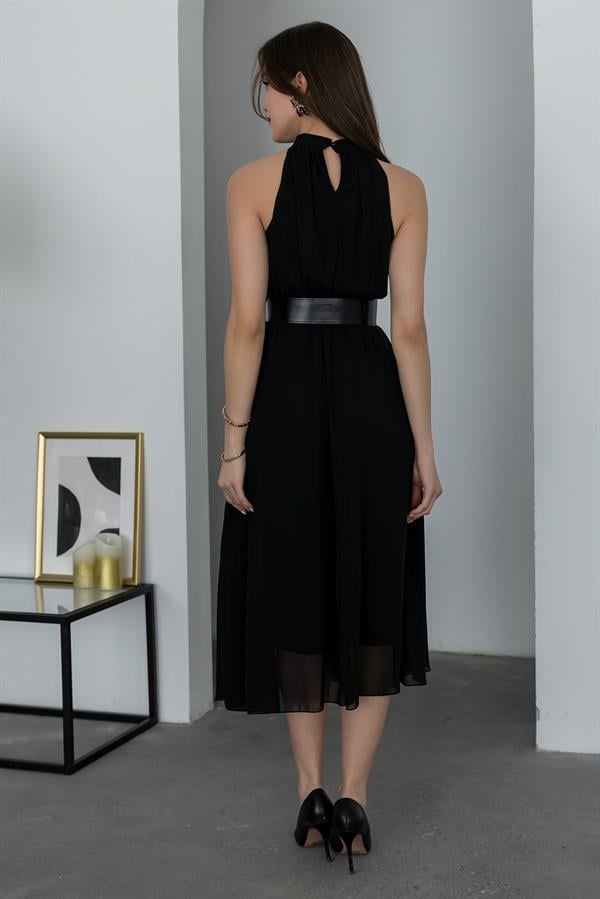 Halter Neck Belted Dress - Black
