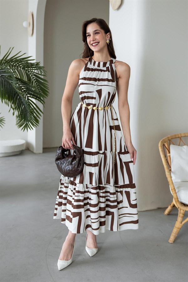 Halter Yaka Keten Elbise - KAHVERENGİ