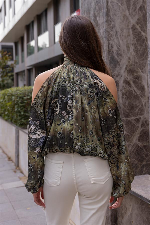 Halter Yaka Omuz Dekolteli Bluz - YEŞİL