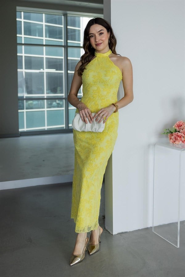Halter Yaka Parıltılı Elbise - SARI