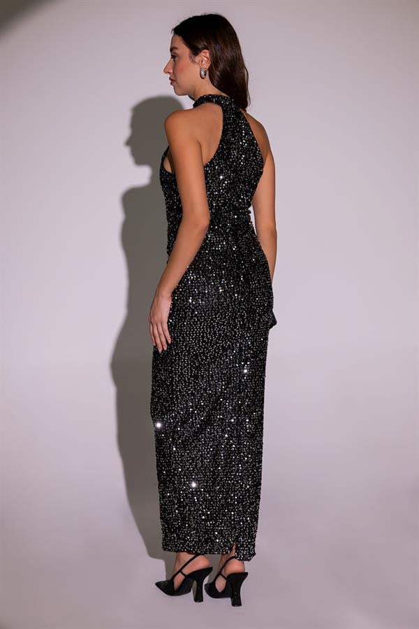 Halter Yaka Pullu Abiye - GÜMÜŞ