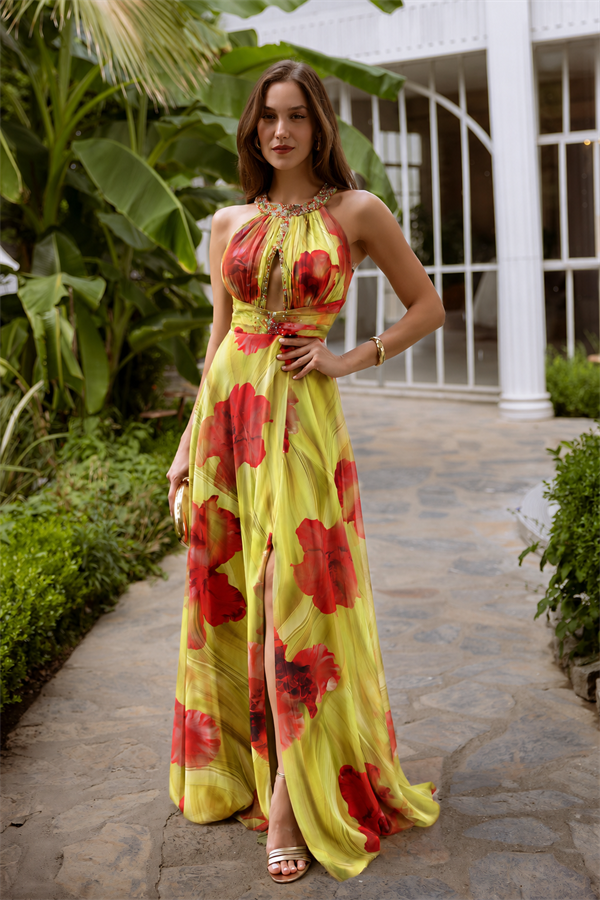 Halter Yaka Tül Abiye - SARI