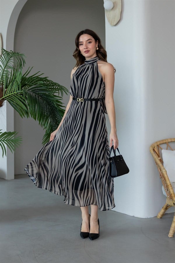 Halter Yaka Zebra Desen Elbise - SİYAH