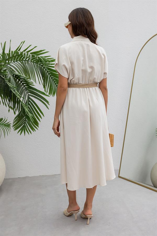 Hasır Kemerli Keten Elbise - TAŞ