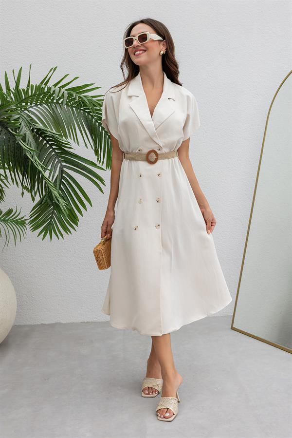 Hasır Kemerli Keten Elbise - TAŞ