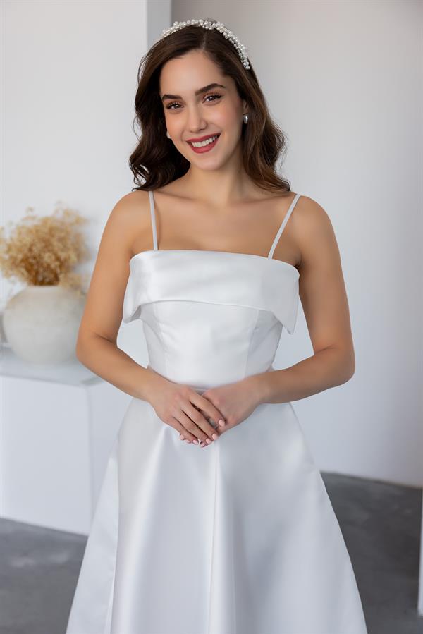 İnce Askılı Saten Abiye - BEYAZ