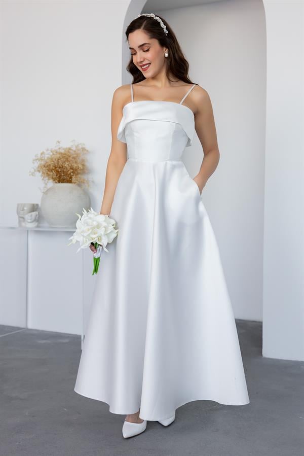 İnce Askılı Saten Abiye - BEYAZ