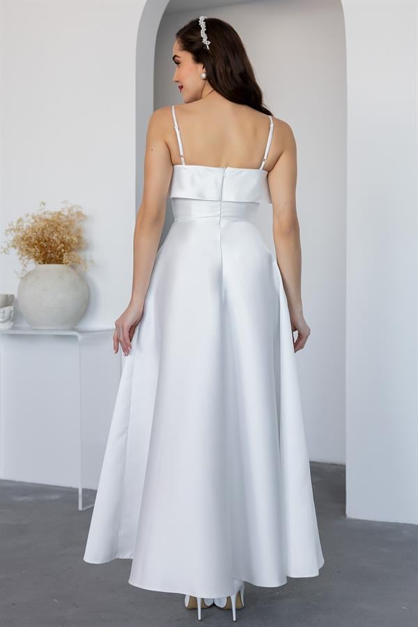 İnce Askılı Saten Abiye - BEYAZ