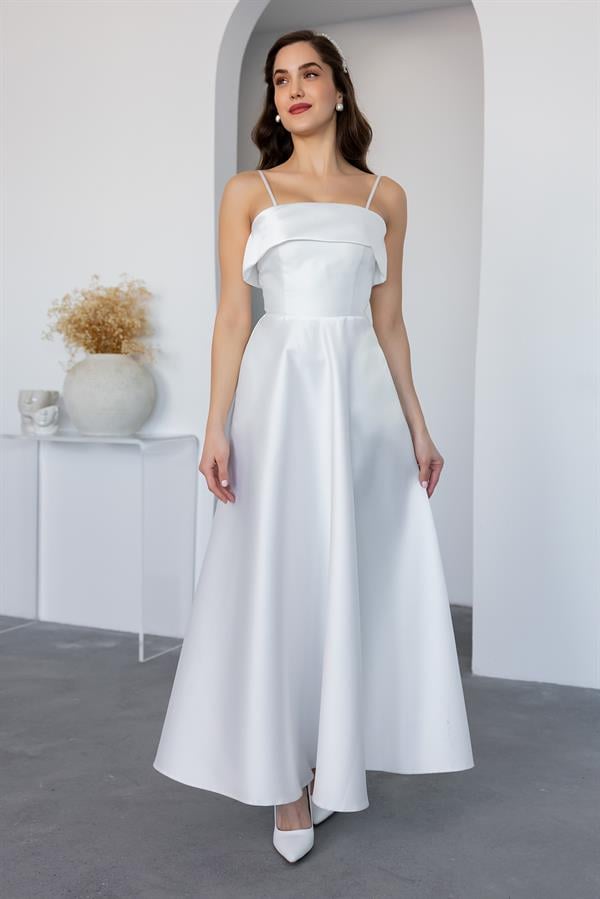 İnce Askılı Saten Abiye - BEYAZ