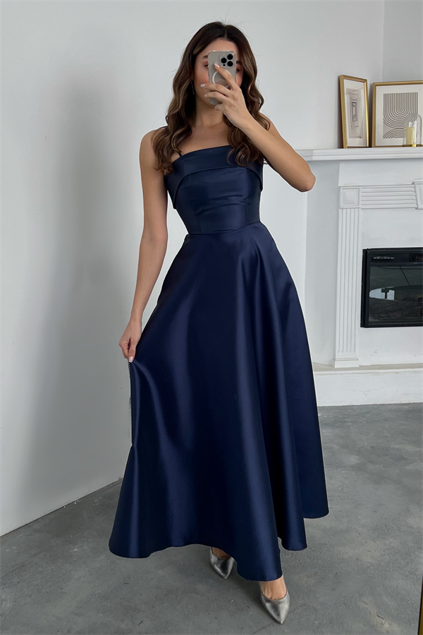 İnce Askılı Saten Abiye - LACİVERT