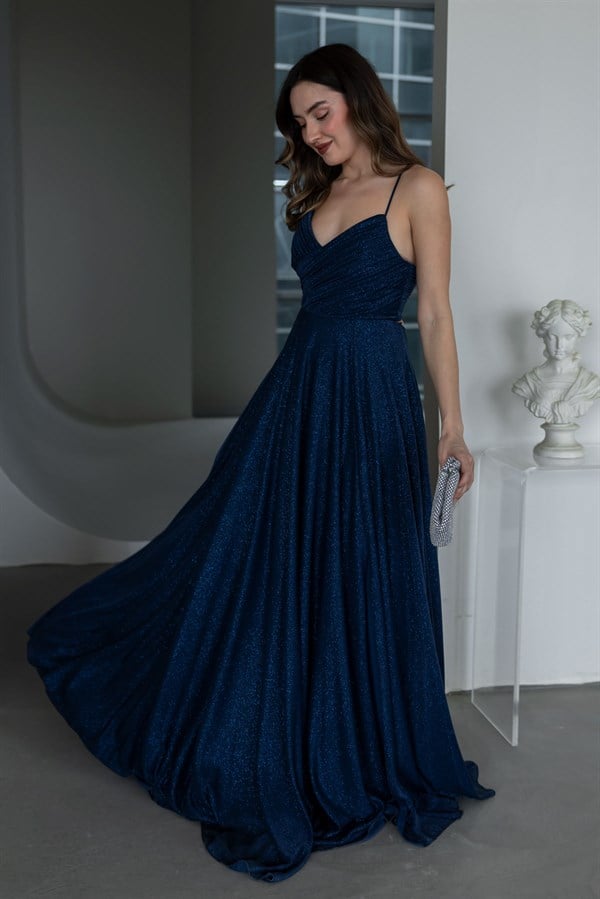 İnce Askılı Simli Abiye - LACİVERT