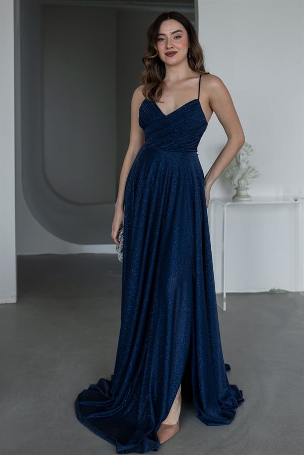 İnce Askılı Simli Abiye - LACİVERT