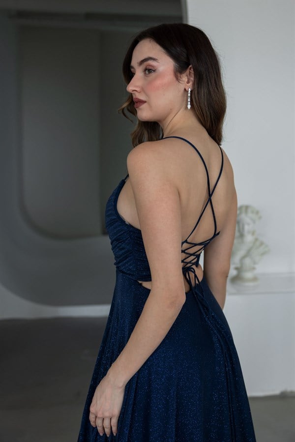 İnce Askılı Simli Abiye - LACİVERT