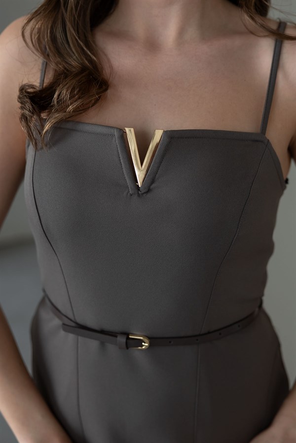 İnce Askılı Yaka Detaylı Elbise - VİZON