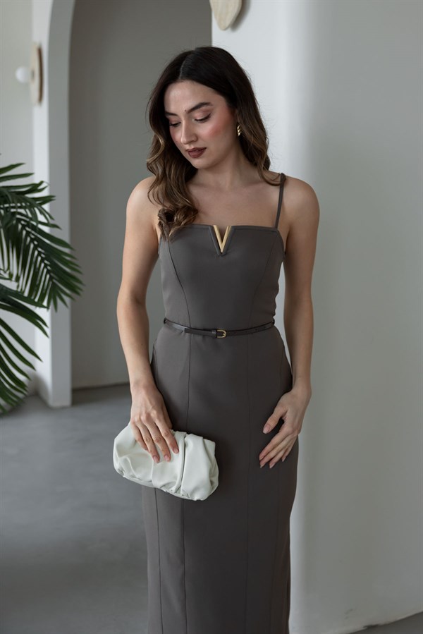 İnce Askılı Yaka Detaylı Elbise - VİZON