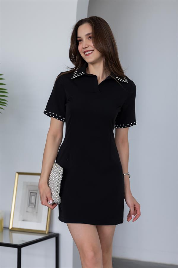 İnci Baskılı Mini Elbise - SİYAH
