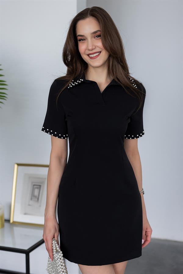 İnci Baskılı Mini Elbise - SİYAH